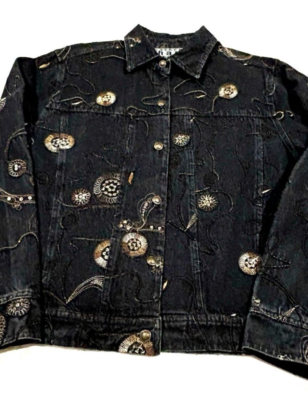 K-e-r-e-n hart embroidered denim beaded jacket long sleeve black size L (40)